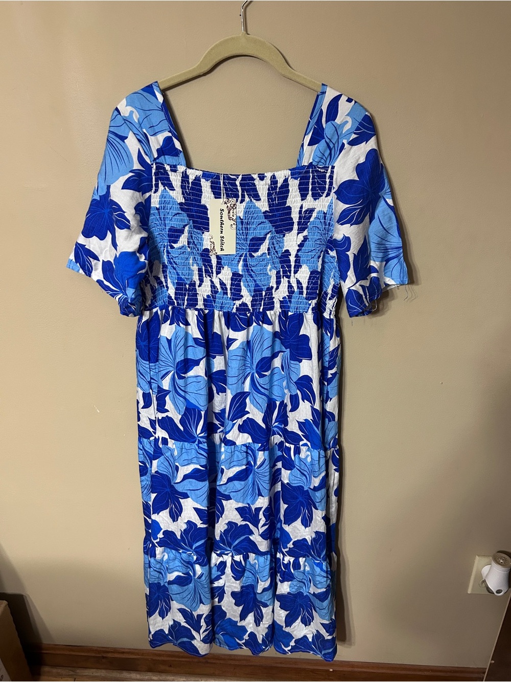 Blue & White Floral Smocked Midi Dress